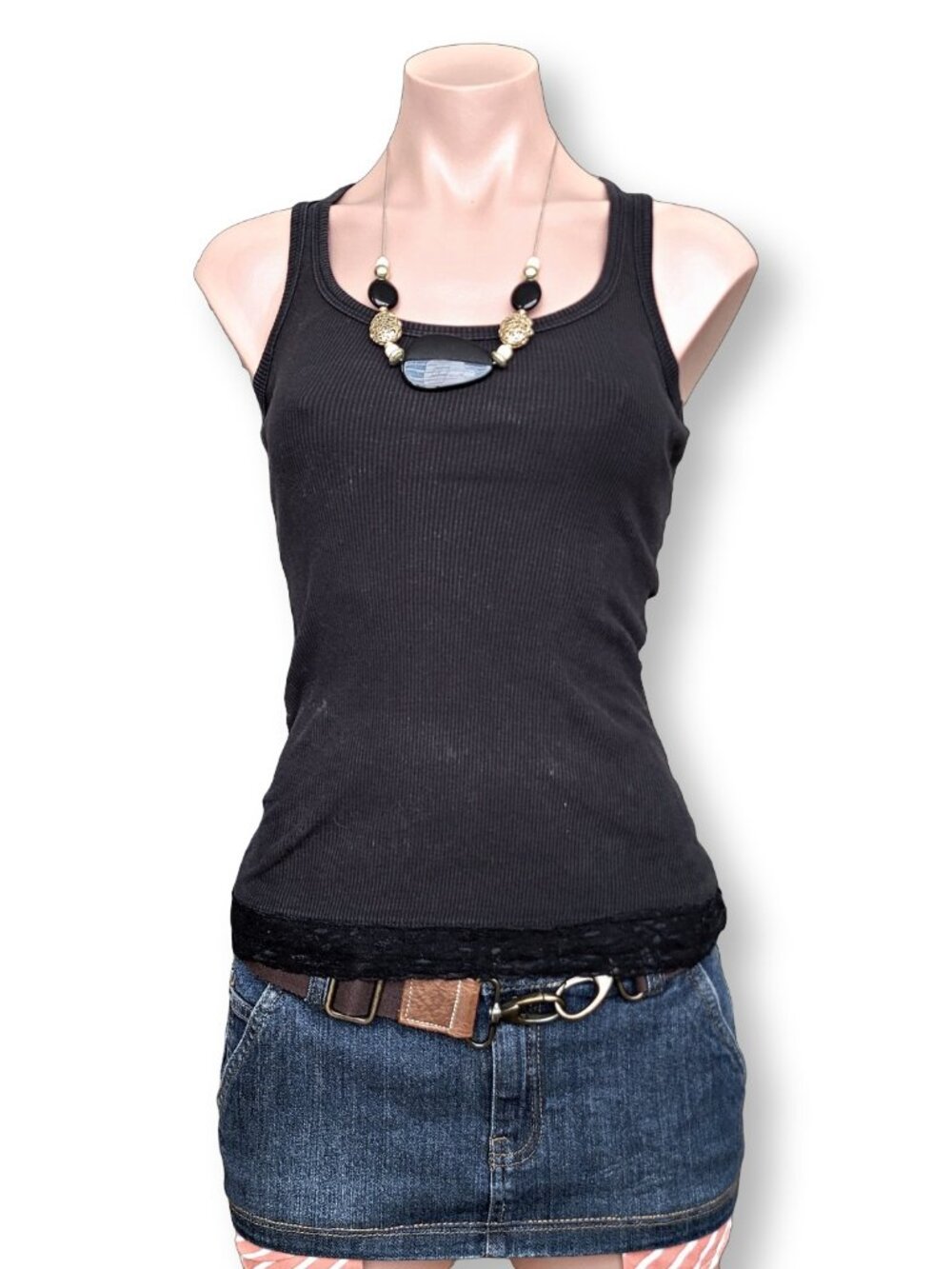 Suzy Signature Black Lace Trim Tank Top Baby Tee Camisole Y2K (XS)